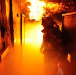 photo by Ron Gooden of inside the WVU burn trailer during training in Tucker County WV.